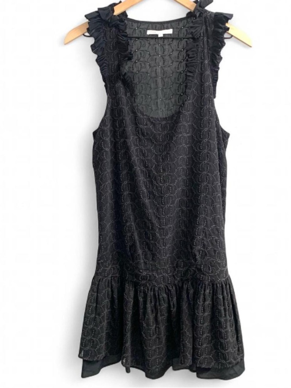 Maje sleeveless black ruffle trim babydoll mini dress size L #babydoll #ruffle